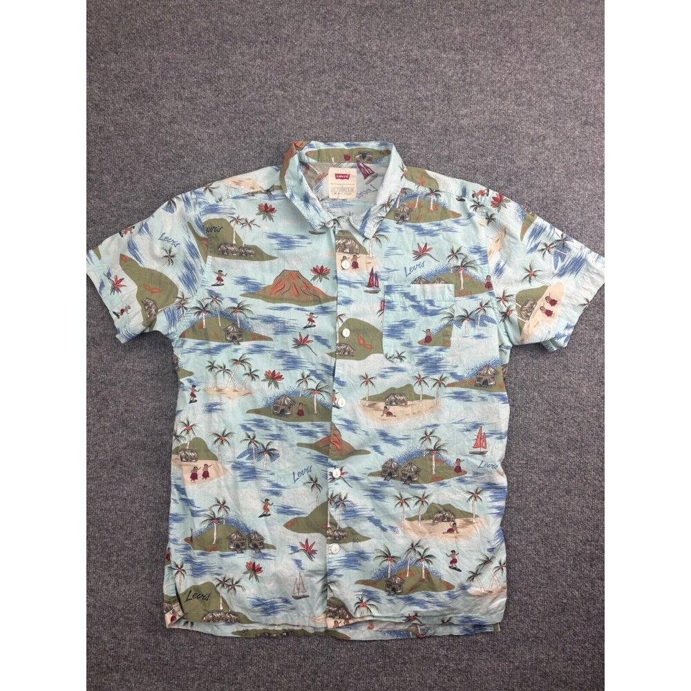 Levi's Button Up Shirt Men's L Blue Green Tropical Hawaiian Print Short Sleeve